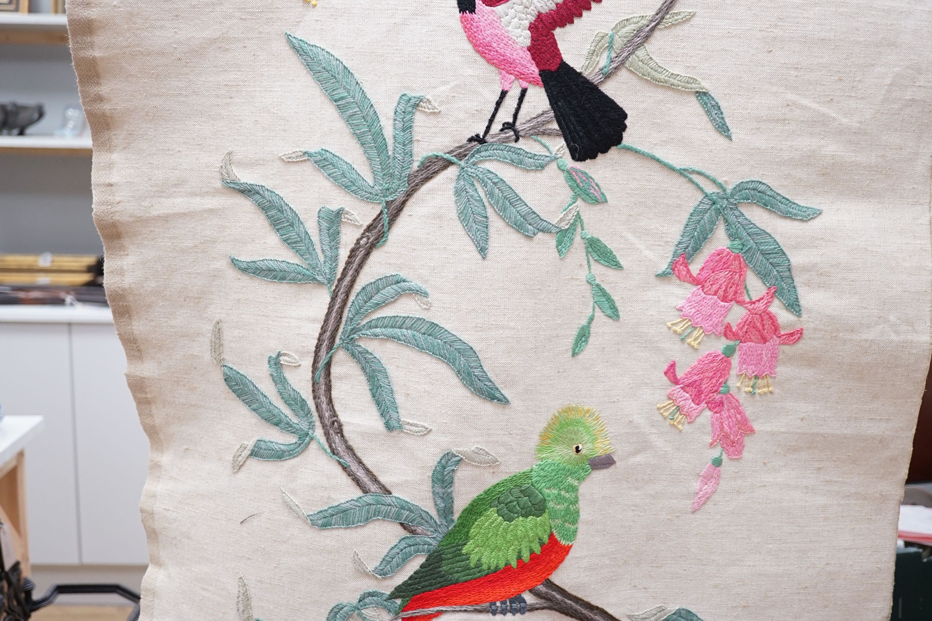 A contemporary wool work and silk embroidered, 'Tree of Life' panel, 170 cms high.